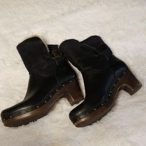 UGG Black Leather Clog Boots with Shearling Lining